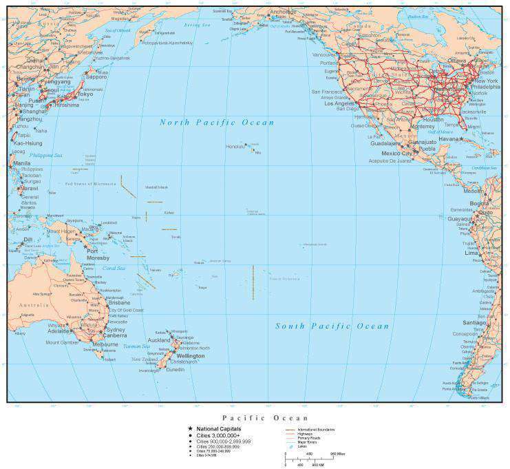 Pacific Ocean Map with Countries, Islands, and Cities – Map Resources