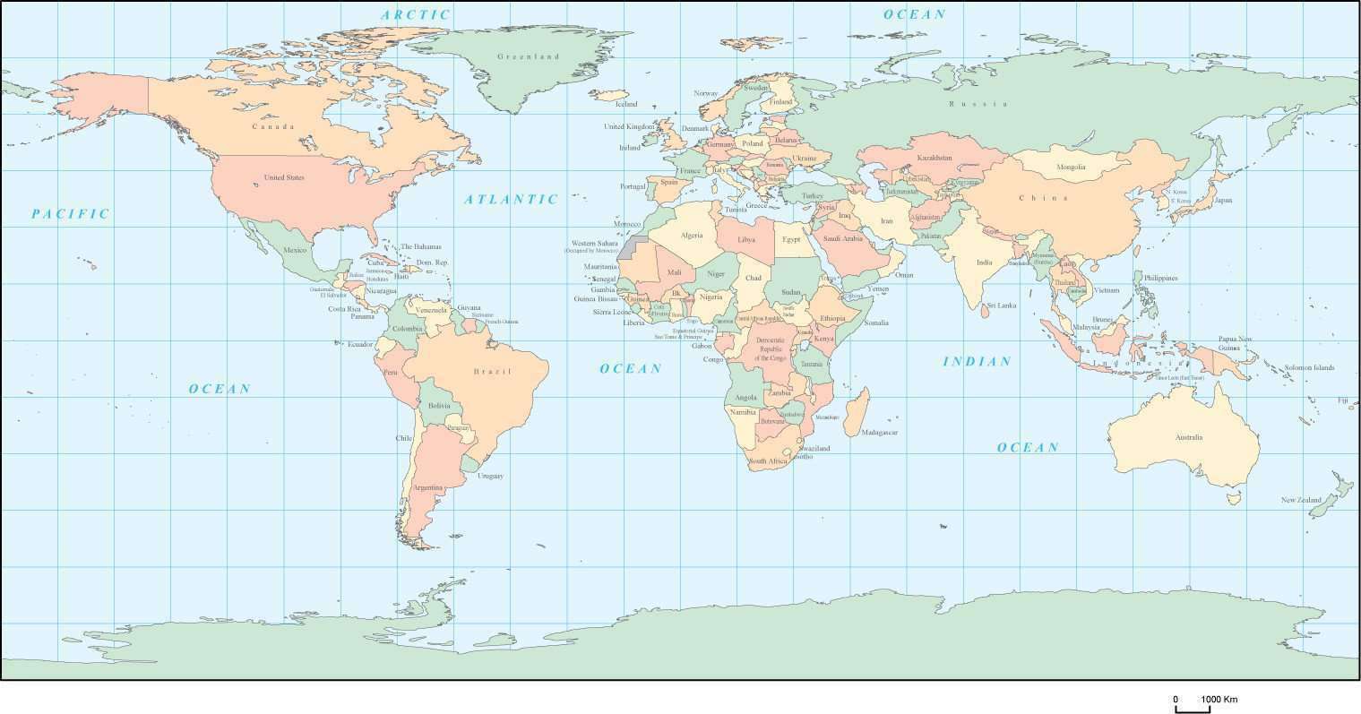 World Map - Multi Color Geographic Projection, with Countries