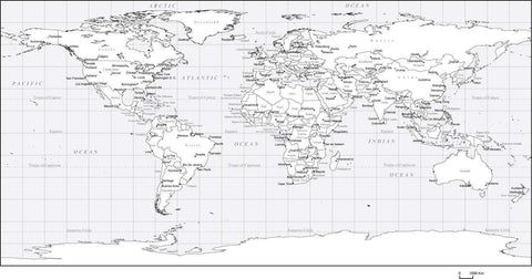 Black & White World Map with Countries, Capitals and Major Cities ...