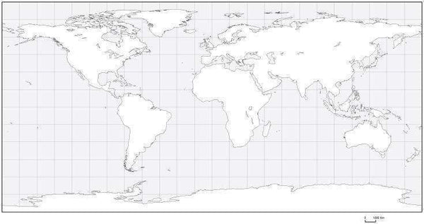 World Black & White Blank Outline Map - Geographic Projection