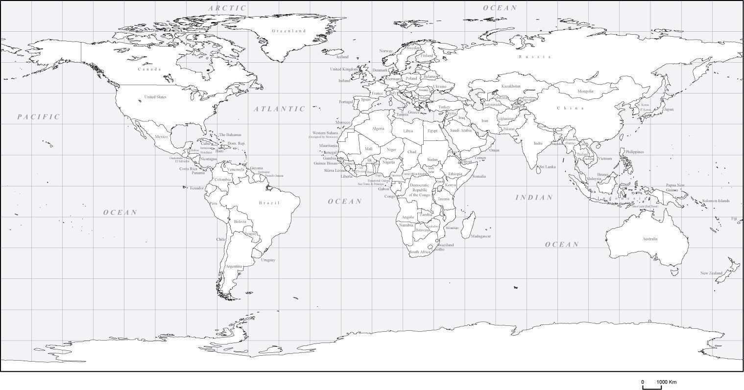 World Black & White Blank Platte Carre Projection Outline Map