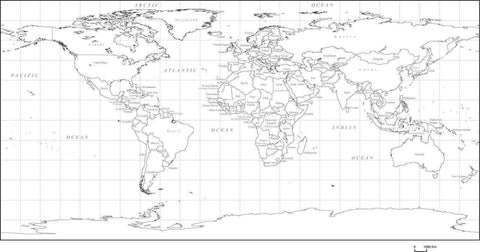 World Map with Countries - Black & White, Rectangular Map Projection