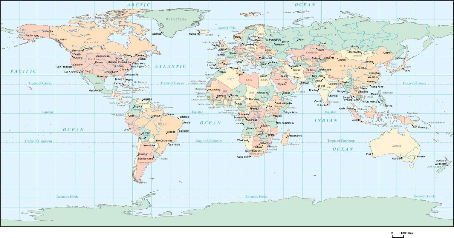 Rectangular Projection World Map With Countries And Major Cities