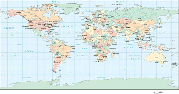 Rectangular Projection World Map - with Countries and Major Cities