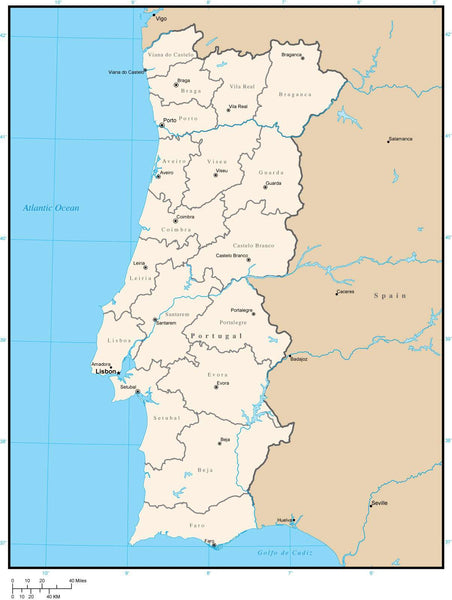 Portugal Map with District Areas in Adobe Illustrator Format