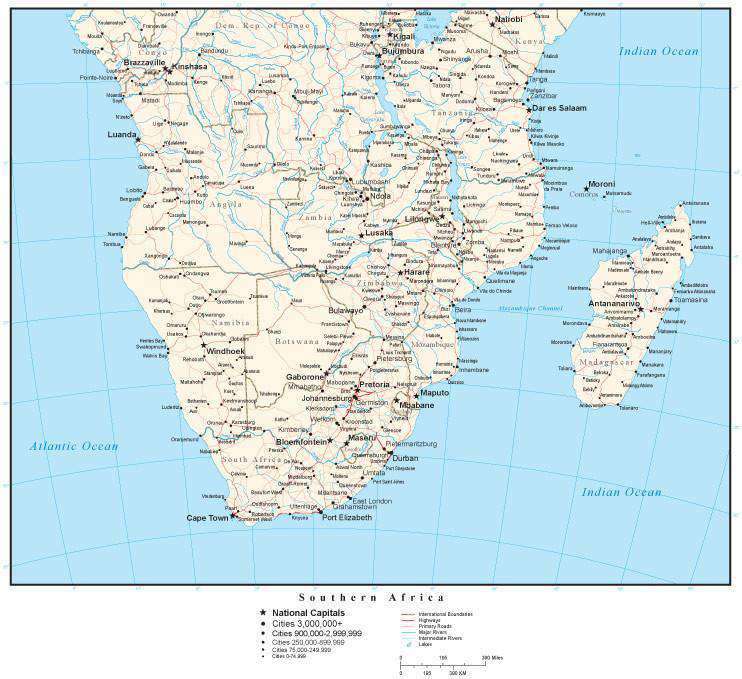 Southern Africa Map With Countries Cities And Roads