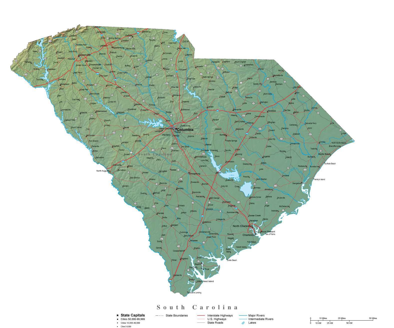 Map Of South Carolina Cities South Carolina Illustrator Vector Map With Cities, Roads And Photoshop  Terrain Image