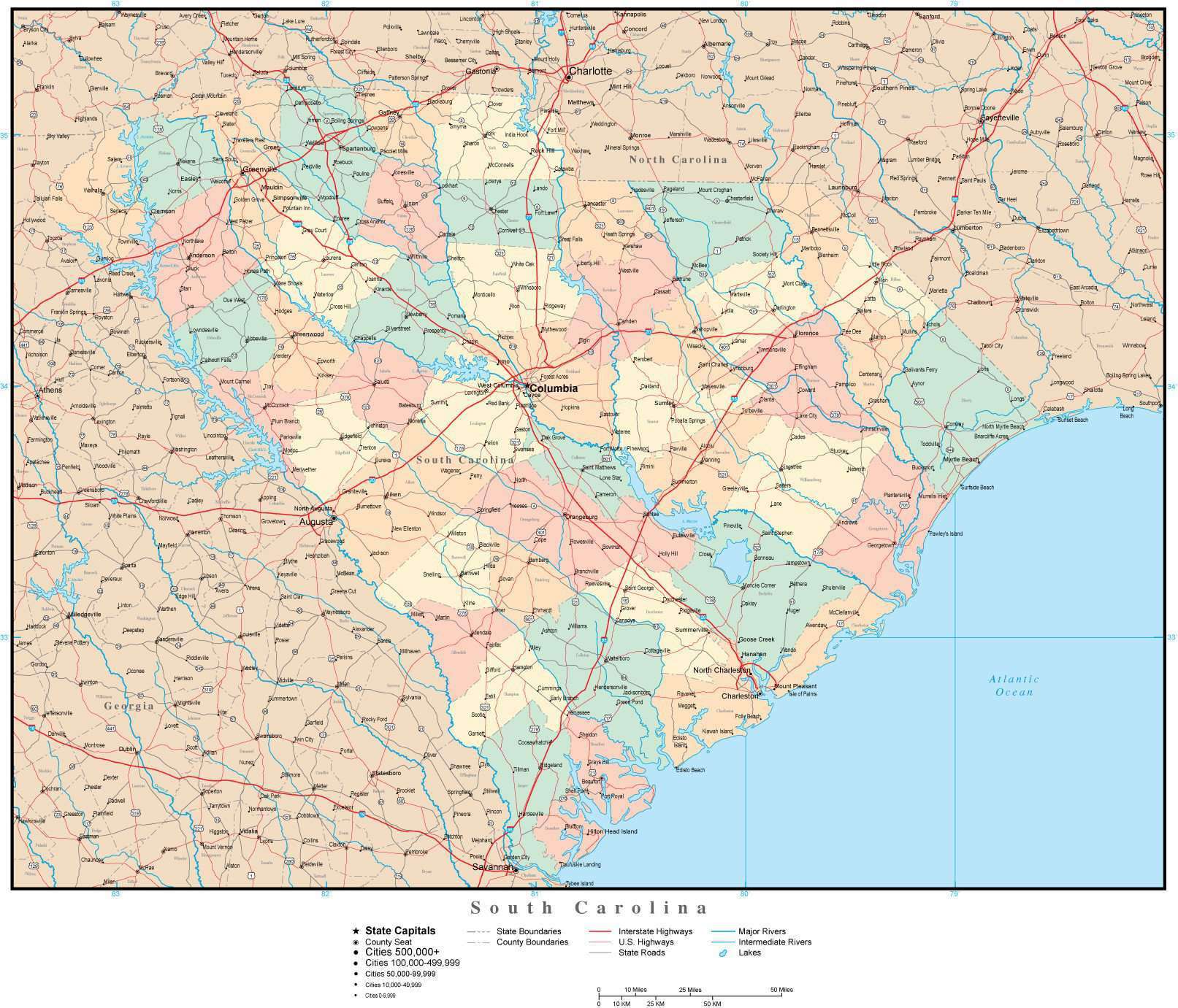 South Carolina Adobe Illustrator Map With Counties Cities County