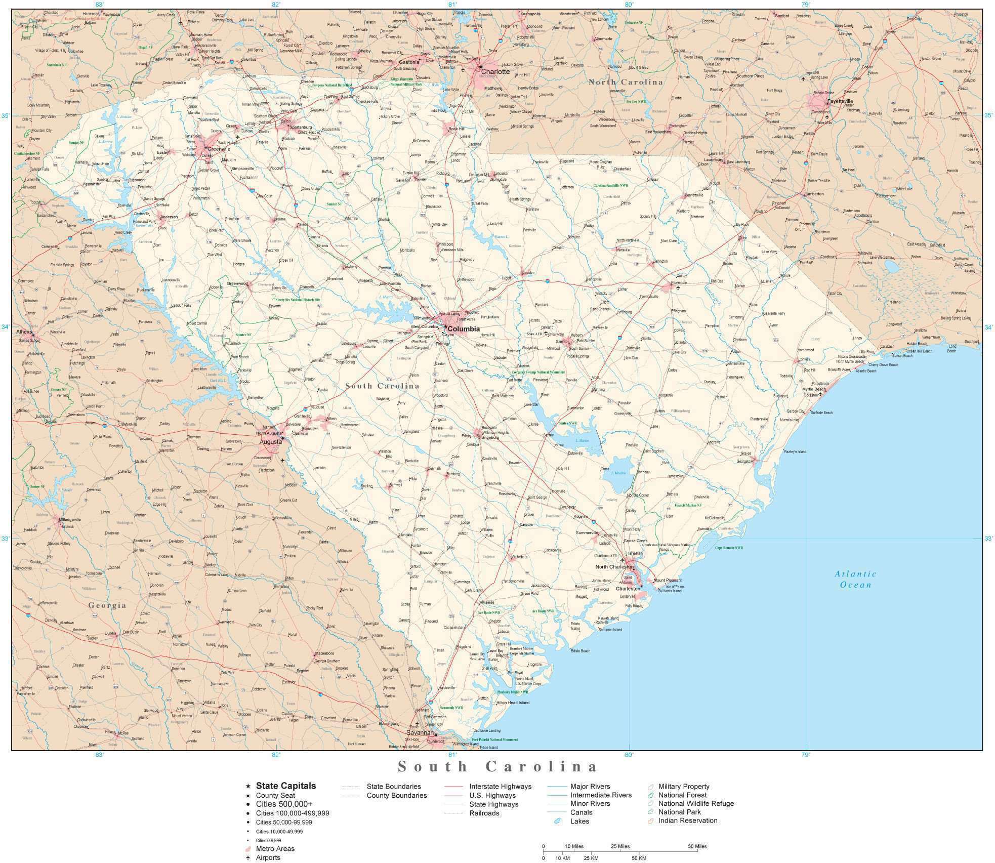 South Carolina Detailed Map In Adobe Illustrator Vector Format