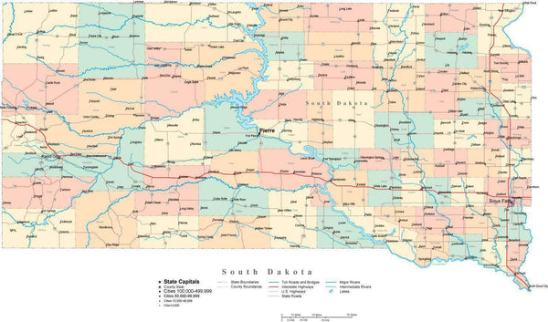 South Dakota Digital Vector Map with Counties, Major Cities, Roads ...