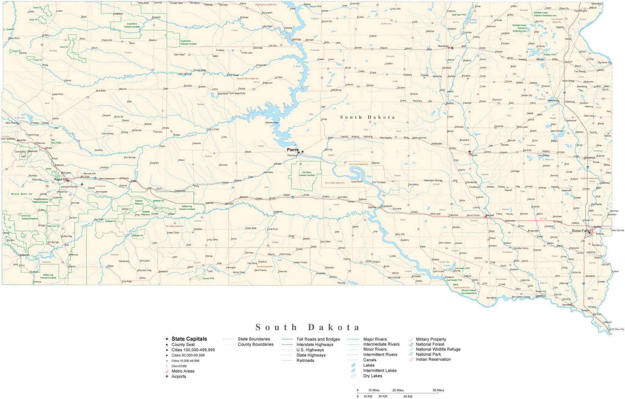 Poster Size South Dakota Map with County Boundaries, Cities, Highways ...