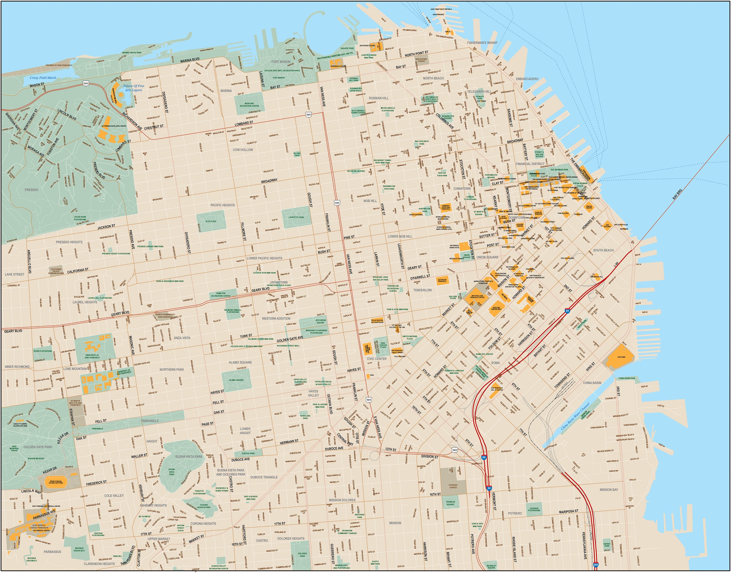 San Francisco Road Map San Francisco Downtown Map With Local Streets - Illustrator Format