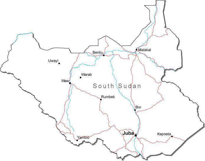 South Sudan Black And White Road Map In Adobe Illustrator Vector Format 6412