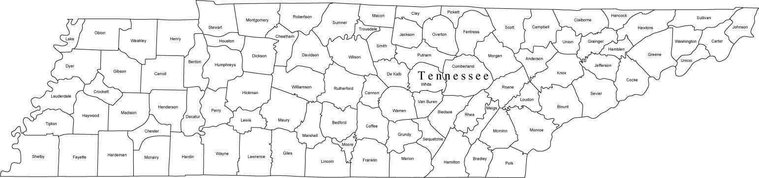 Black & White Tennessee Digital Map with Counties