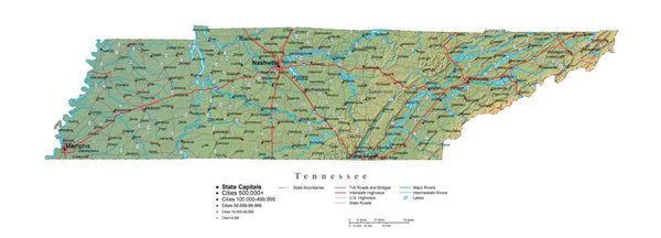 Tennessee Illustrator Vector Map with Cities, Roads and Photoshop ...