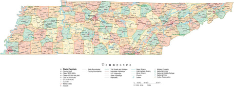 State Map of Tennessee in Adobe Illustrator vector format. Detailed