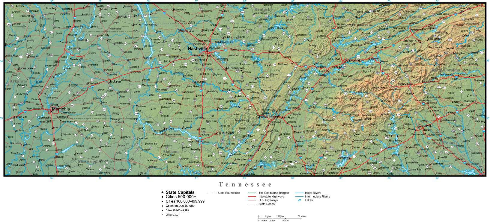 Tennessee State Map Plus Terrain With Cities Roads   TN USA 942216 