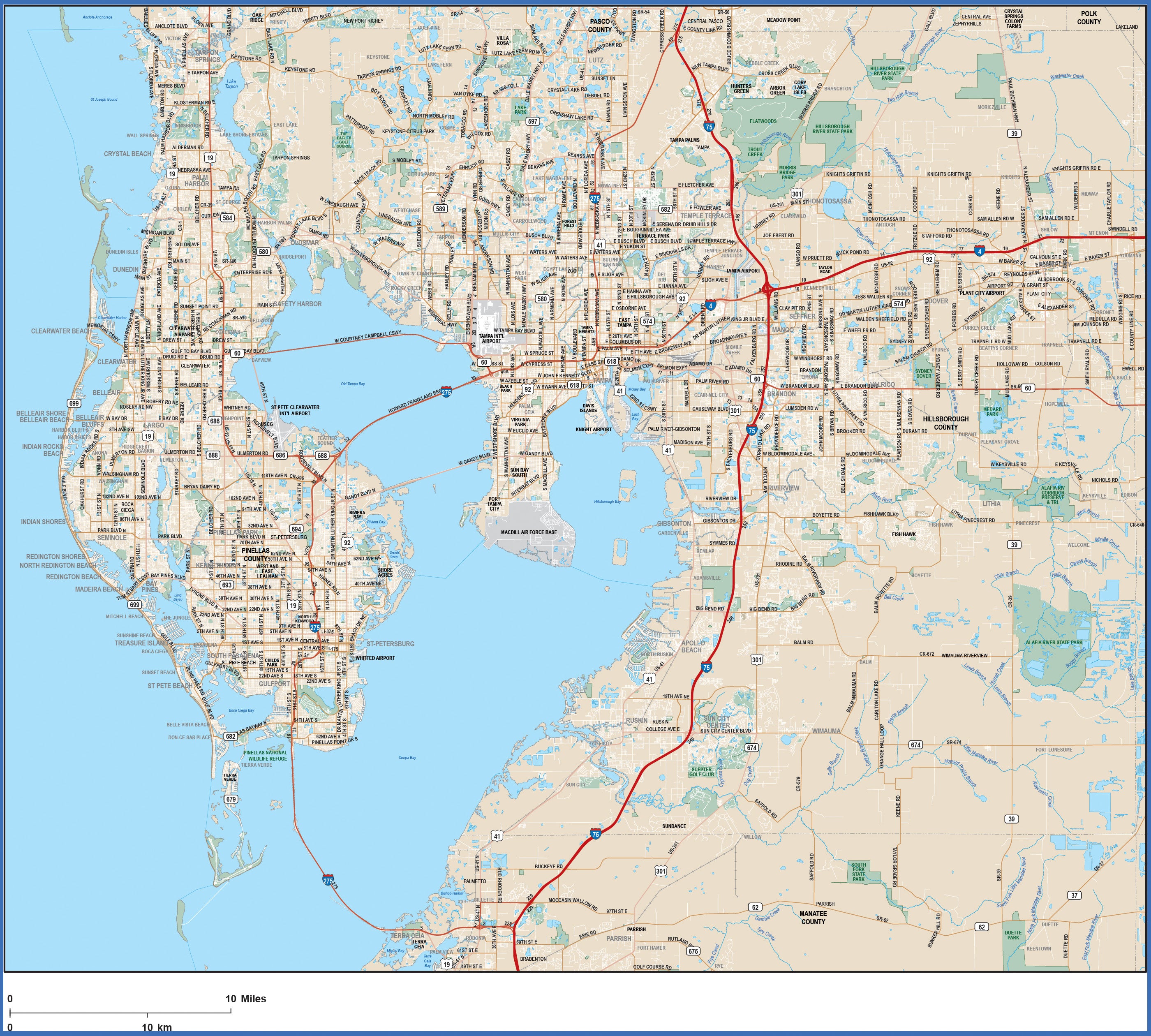 Map Of Tampa And Surrounding Area Tampa Map With Major Roads In Adobe Illustrator Vector Format