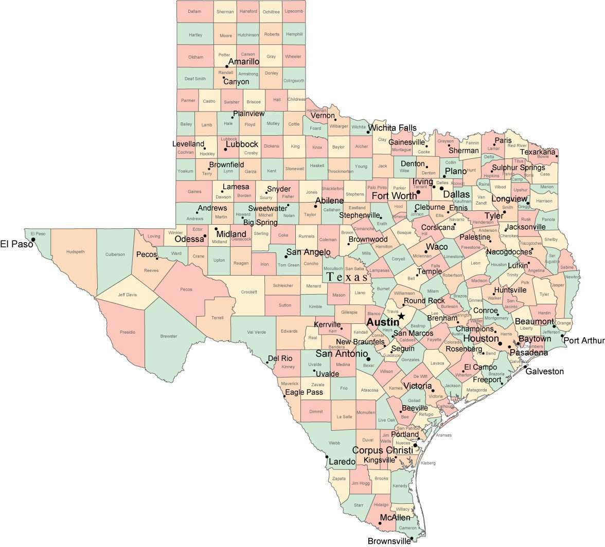 Texas Map Of Counties And Cities Multi Color Texas Map with Counties, Capitals, and Major Cities