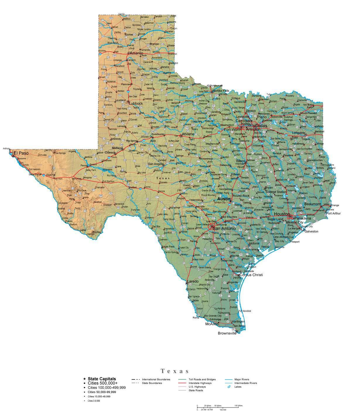 Texas Illustrator Vector Map with Cities, Roads and Photoshop Terrain Image
