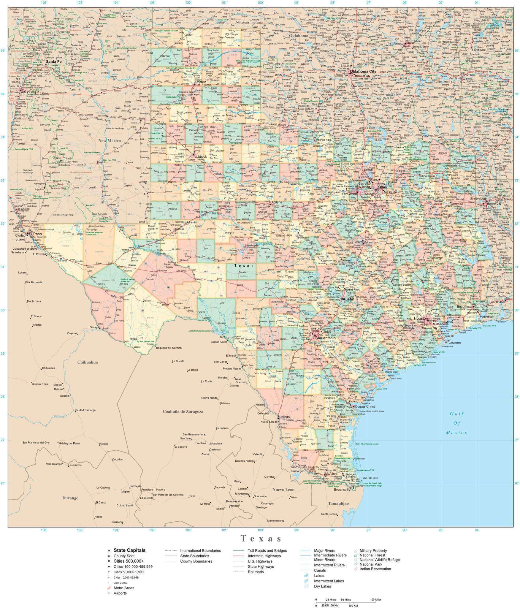 Texas State Map in Adobe Illustrator Vector Format. Detailed, editable ...