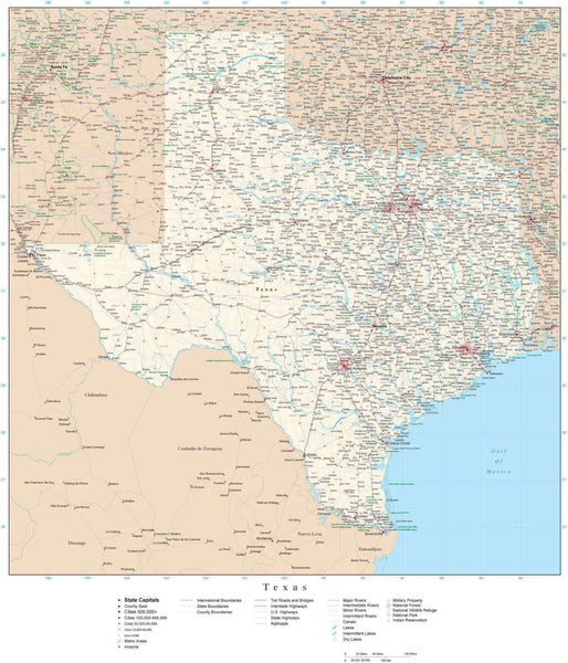 Texas Detailed Map in Adobe Illustrator vector format. Detailed ...