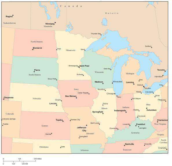 USA Midwest Region Map with State Boundaries Capital and Major Cities \u2013 Map Resources