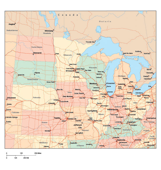 USA Midwest Region Map with State Boundaries, Highways, Capitals and M