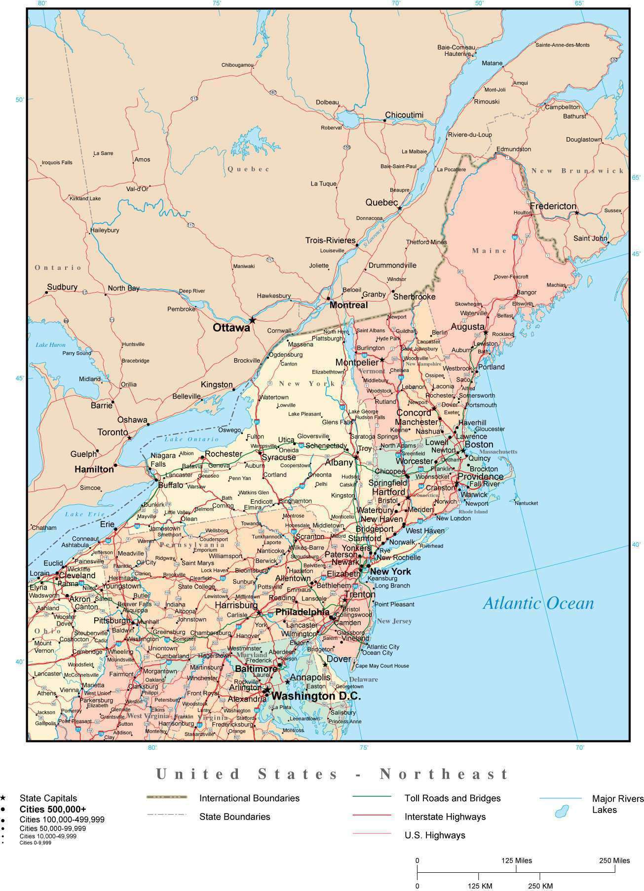 Usa Northeast Region Map With State Boundaries Highways And Cities