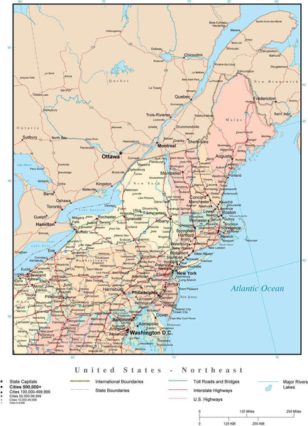 usa northeast region map with state boundaries highways and cities