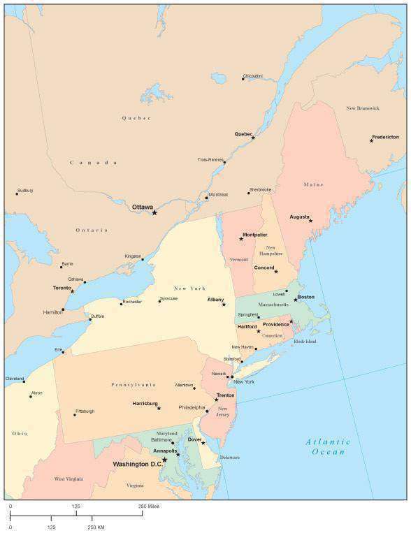 Usa Northeast Region Map With State Boundaries Capital And Major Citi