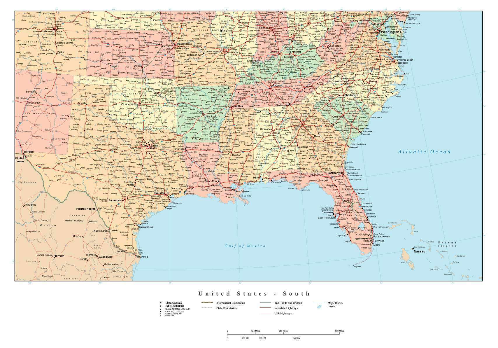USA South Region Map with State Boundaries, Highways, and Cities