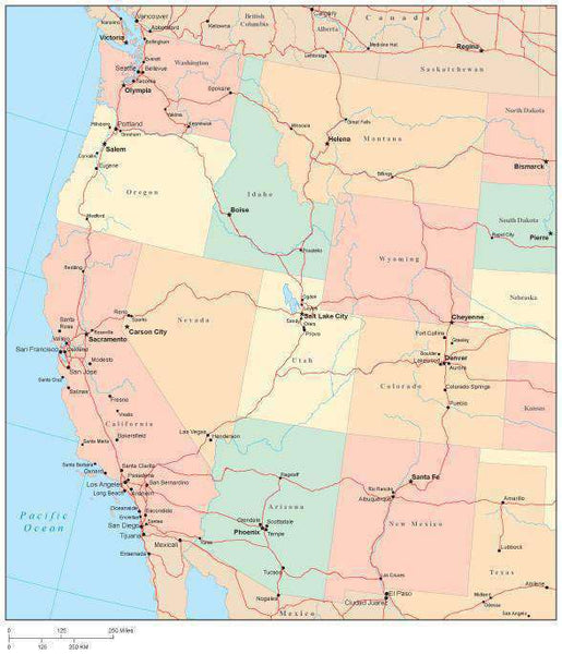 USA West Region Map with State Boundaries Roads Capital and Major Citi