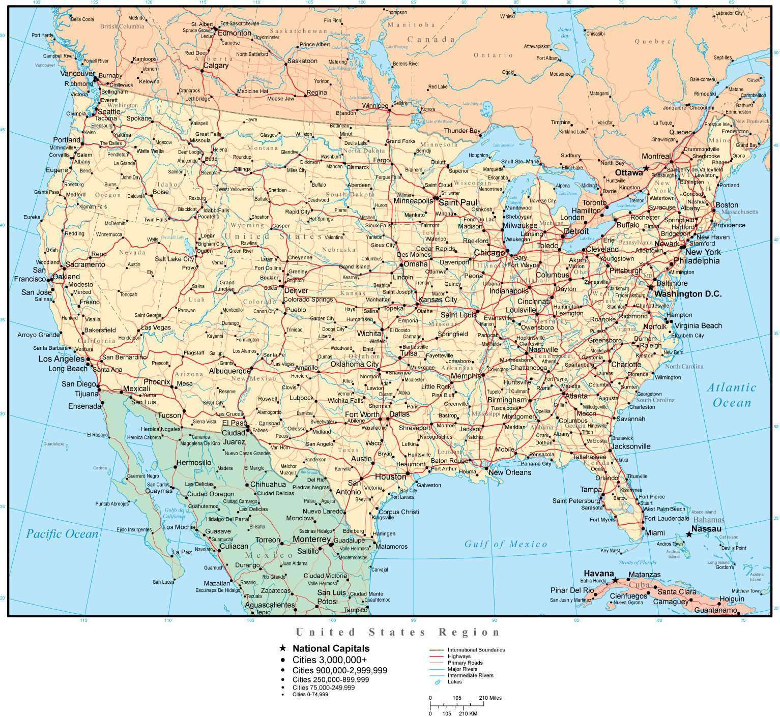 United States Map with US States, Capitals, Major Cities, & Roads