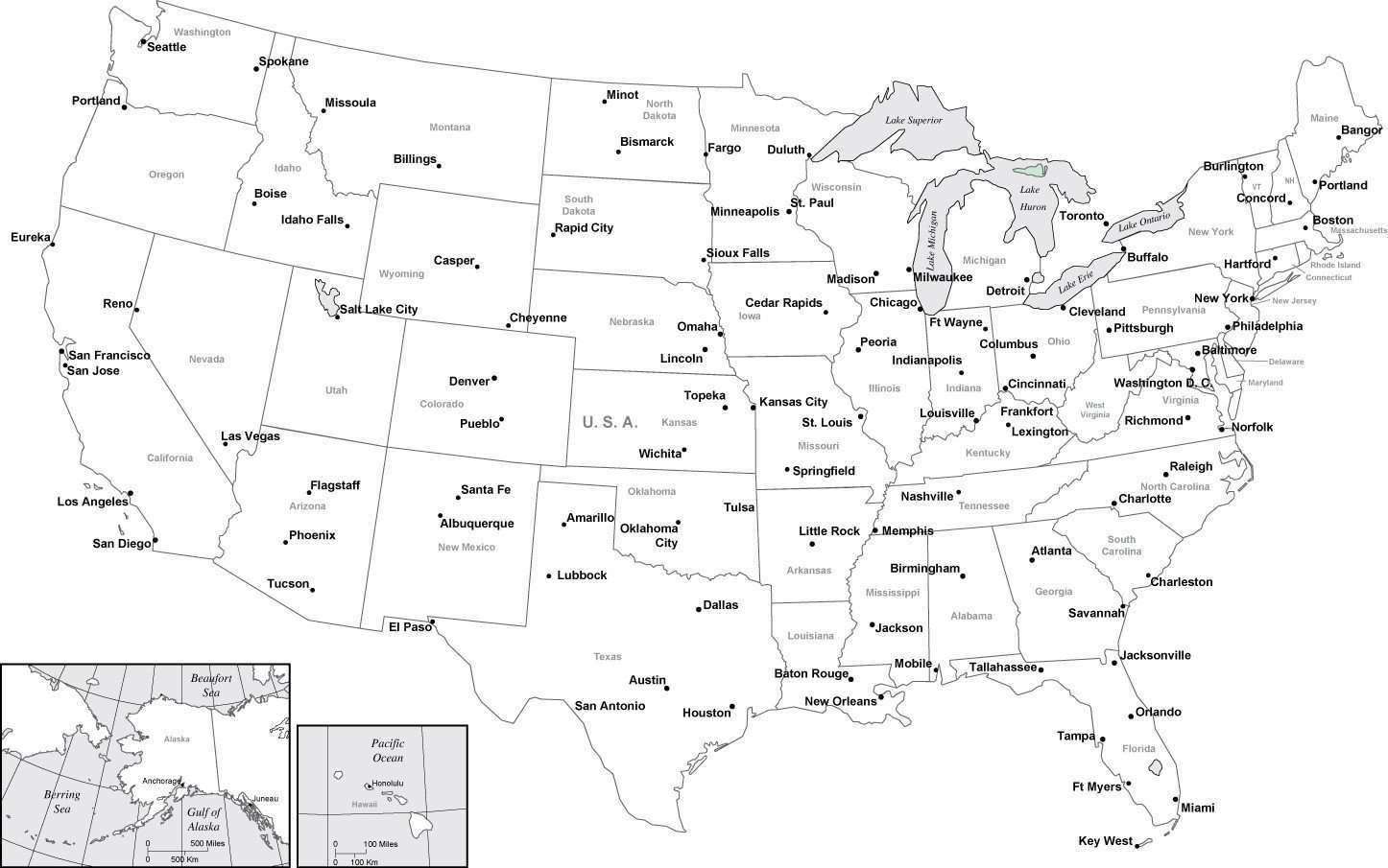 Black & White USA Map with Major Cities