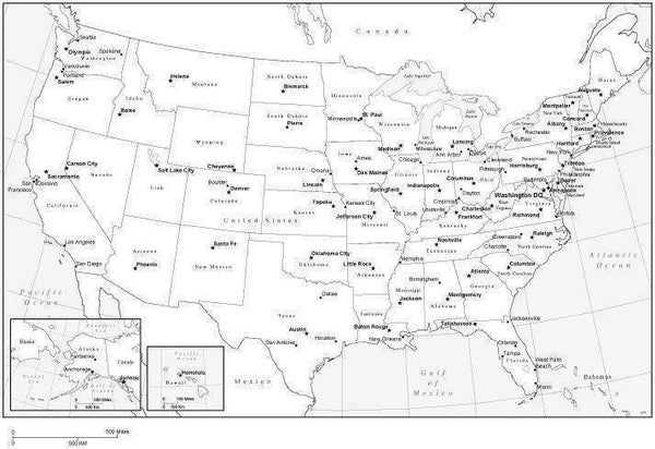 Black & White USA Map with States, Capitals and Major Cities, Framed Style