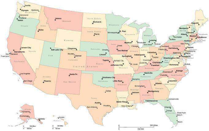 usa map with state names and capitals