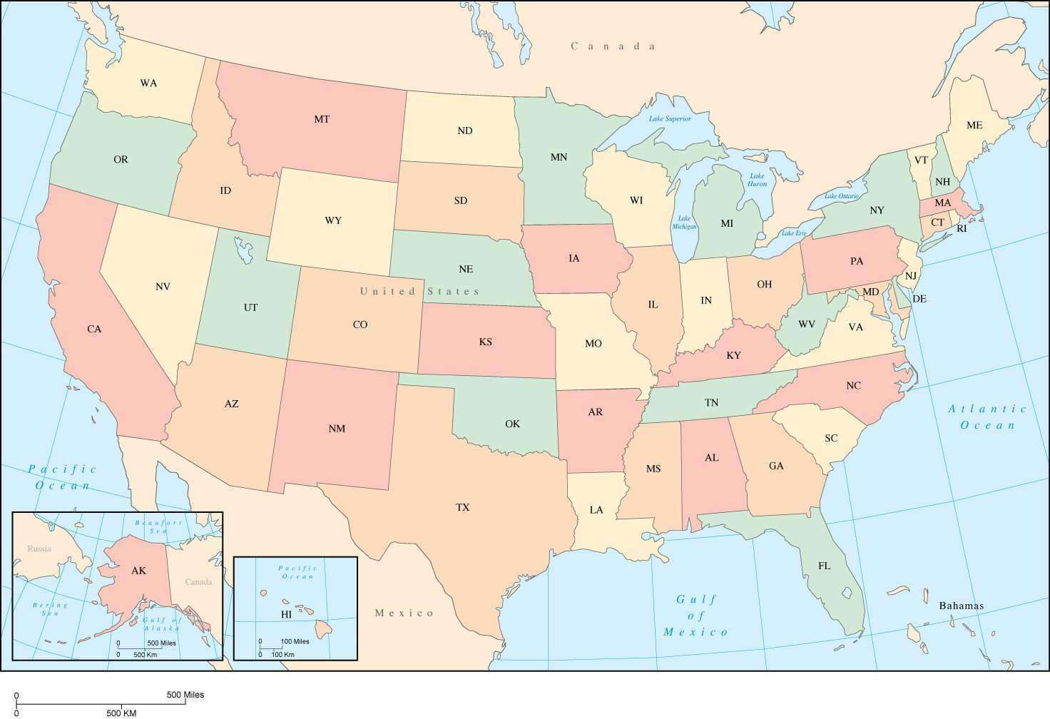 Usa Multi Color Map With States And State Abbreviations