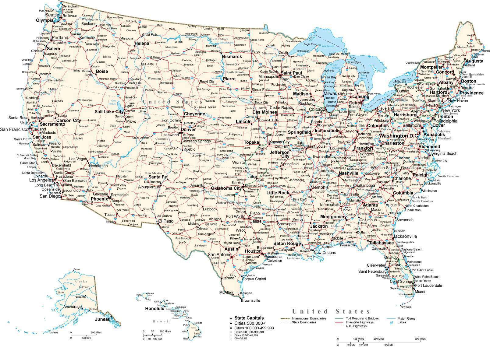 Usa Map Curved Projection With Capitals Cities Roads And Water Features Ubicaciondepersonas 6808