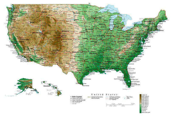 Digital Usa Map Curved Projection With Cities And Highways 5052