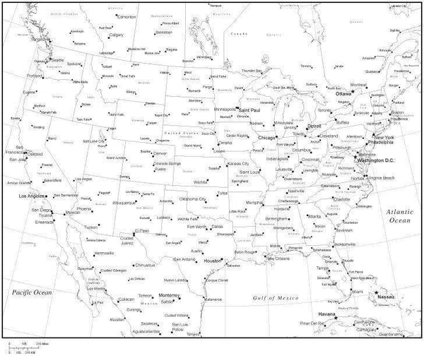 Black & White United States Map with States, Provinces & Major Cities