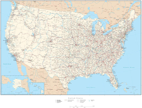 Poster Size Digital USA Map with Cities, Highways and Water Features