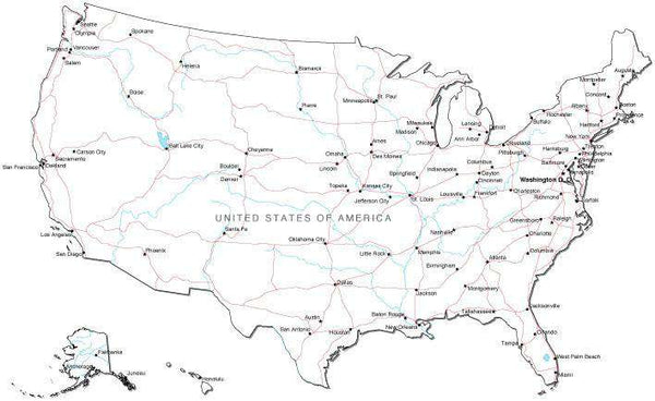 usa black white map with capital major cities roads and