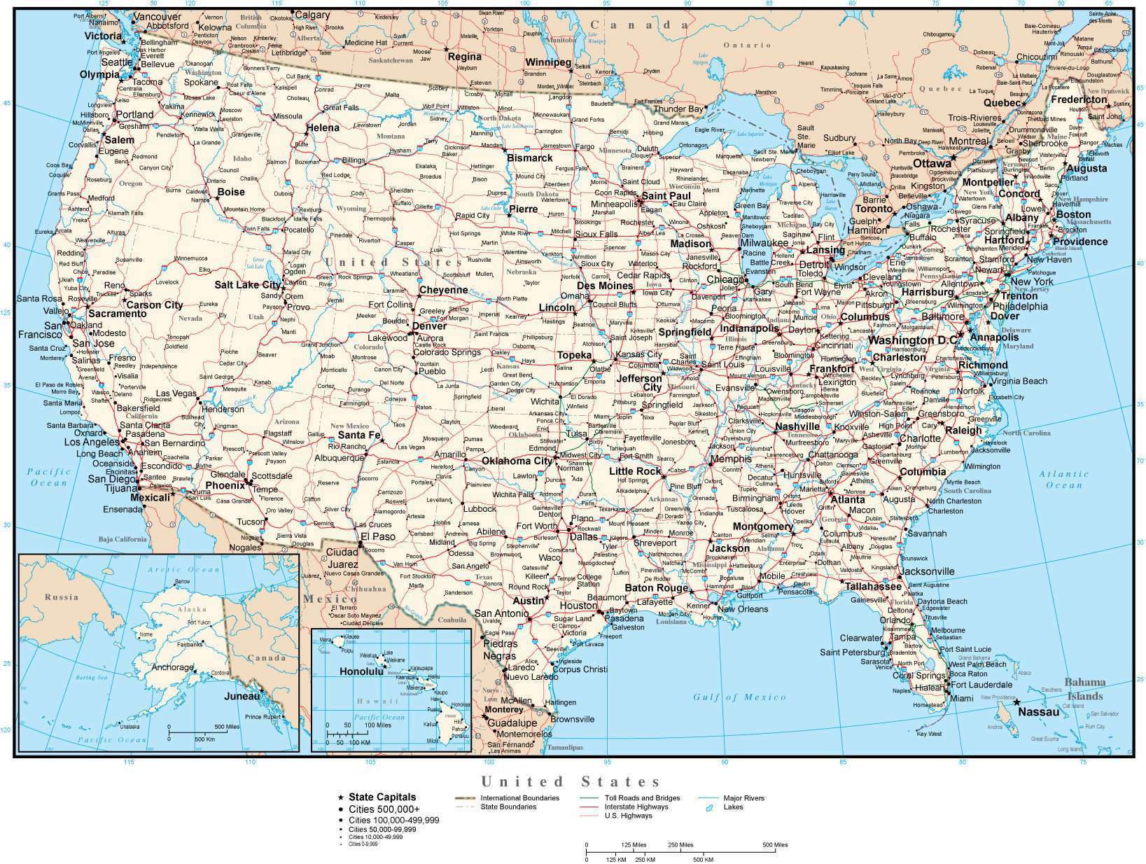 Usa Map Curved Projection With Cities Roads And Water Features