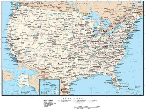 USA Map Curved Projection with Cities, Roads, and Water Features