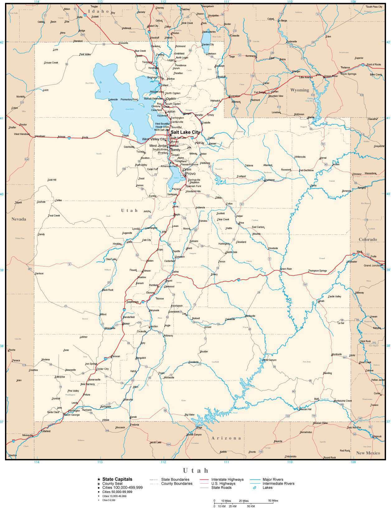 Utah Counties Map With Roads Utah Map In Adobe Illustrator Vector Format