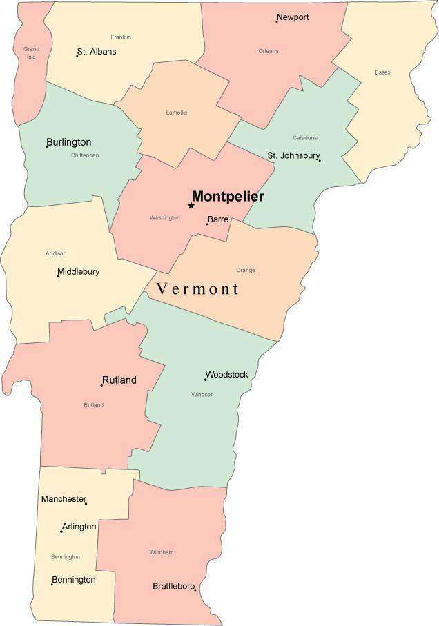 Multi Color Vermont Map With Counties Capitals And Major Cities 5045