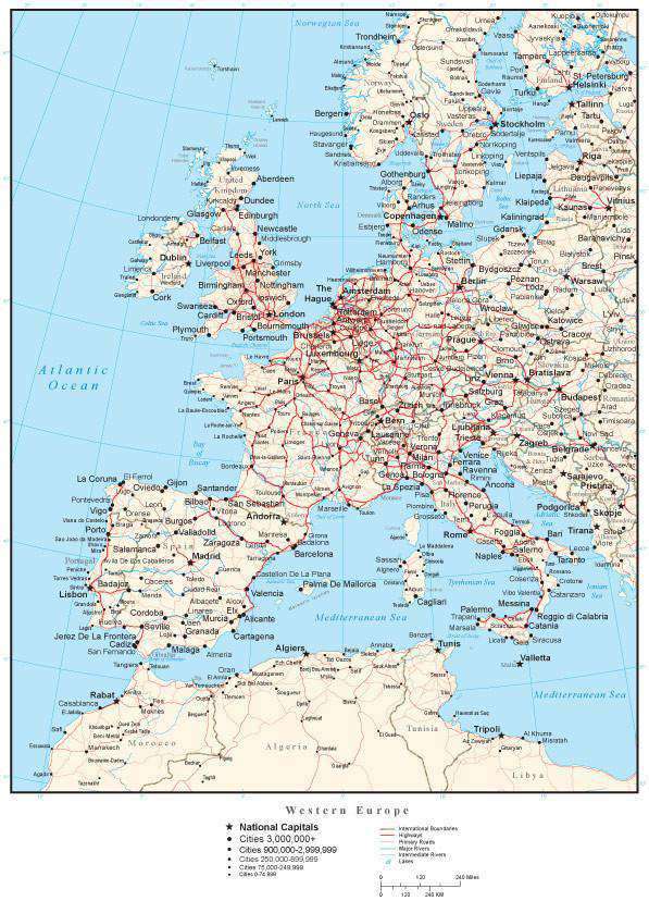 Western Europe Map With Countries Cities And Roads