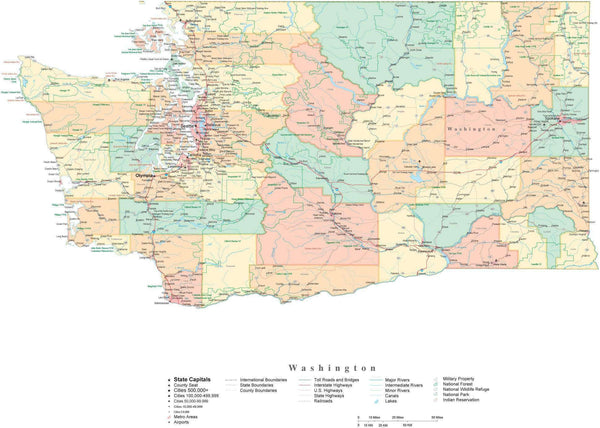 State Map Of Washington In Adobe Illustrator Vector Format Detailed Editable Map From Map 4007