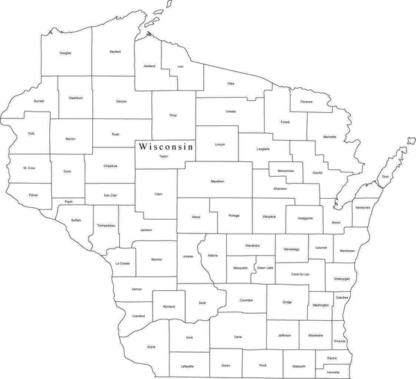 black white wisconsin digital map with counties